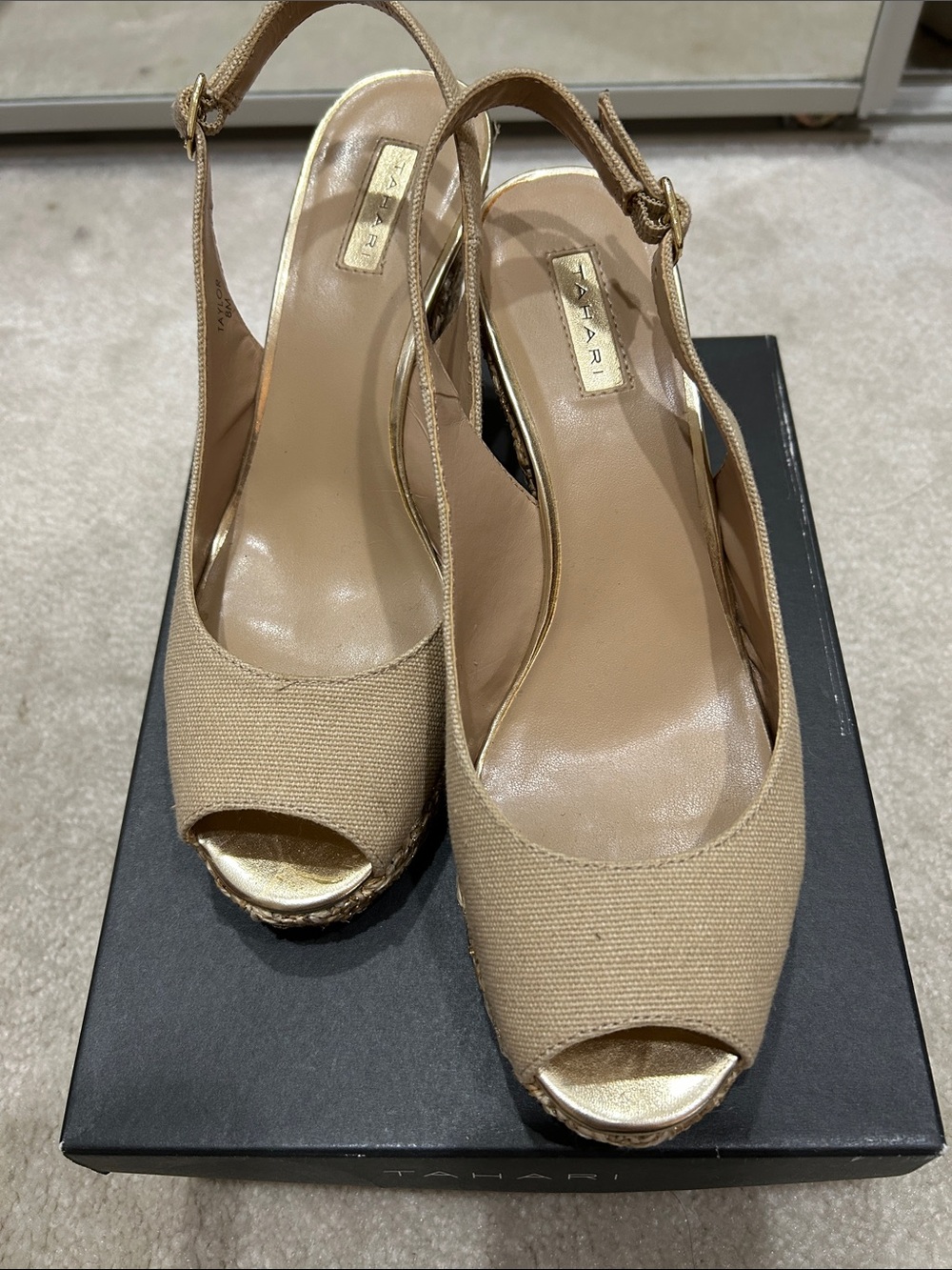 Tahari Taylor Tan Espadrille Wedge Slingbacks